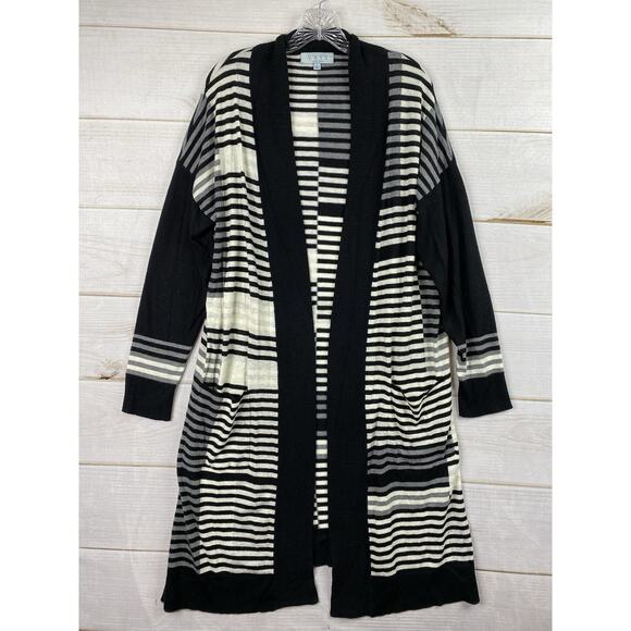 Joan Vass Cardigan Sweater L Black Cream Stripe Pockets Lightweight Stretch Wool - Picture 1 of 11